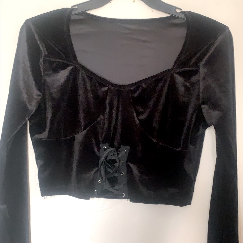 Black velvet lace up crop top from romwe